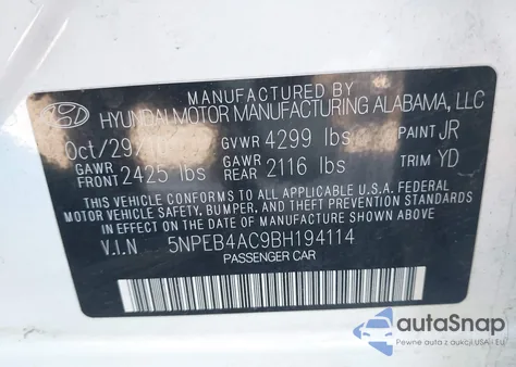 2011 Hyundai Sonata Gls z USA, uszkodzony, nr VIN 5NPEB4AC9BH194114